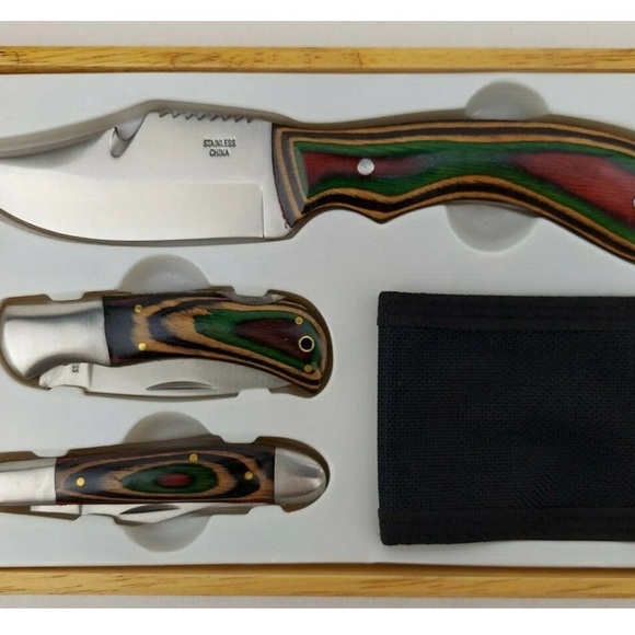 3 Piece Knife Set with Wood Box Stainless Steel Blades Pakkawood Handles NIB - Picture 4 of 7